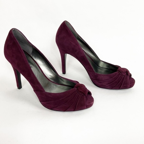 GUESS Leather Suede Wgnelana Gathered Knot Peep Toe Burgundy High Stiletto Heels - Picture 5 of 16